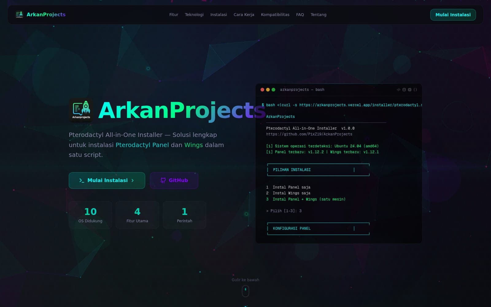 Tangkapan layar live arkanprojects.vercel.app — installer Pterodactyl satu klik, diambil dari produksi