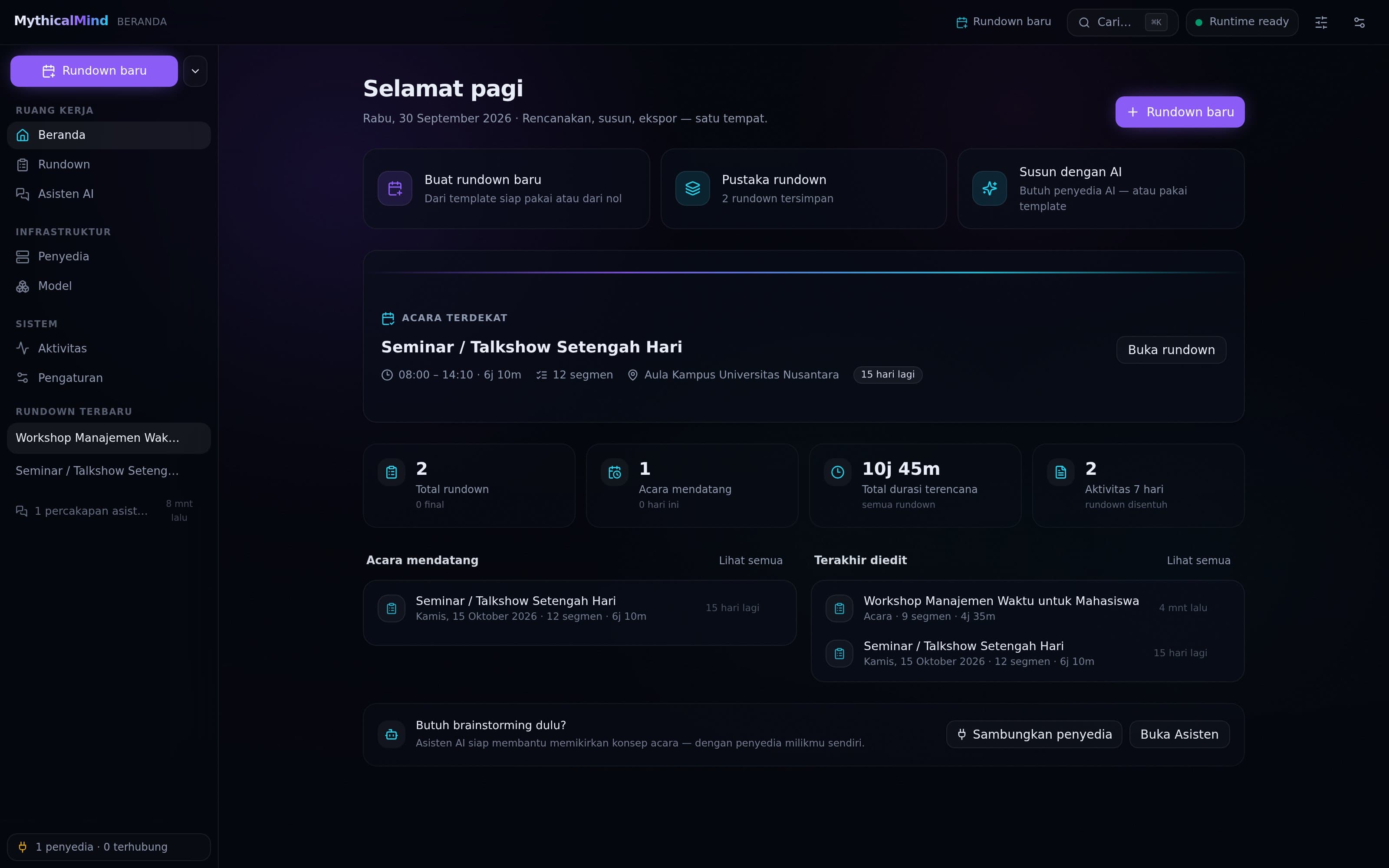 Real screenshot of the MythicalMind productivity home — greeting, quick actions, stats, and the upcoming-event card — captured from the running application (local build of v1.0.0)