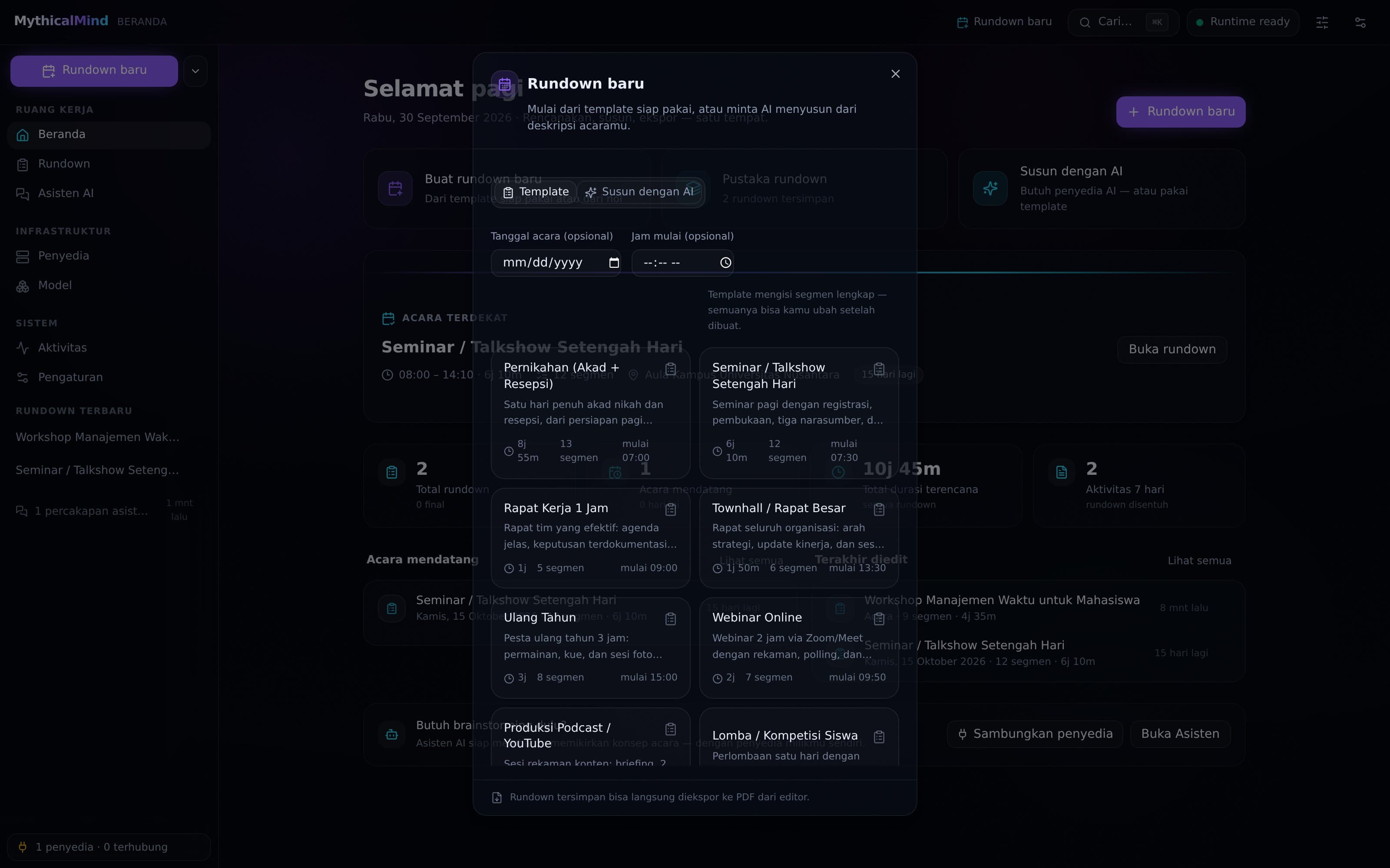 The template gallery of the new-rundown wizard — thirteen curated starting points with date and start-time pickers