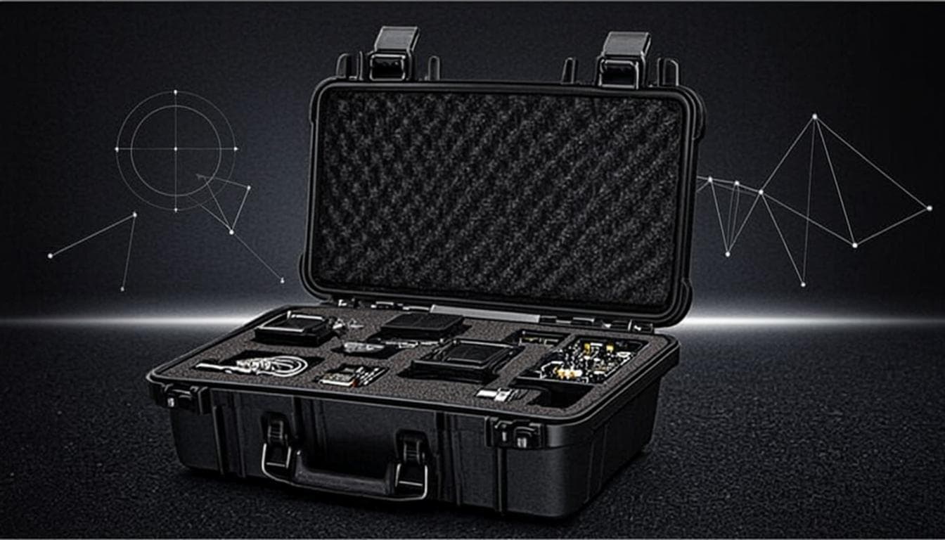 Karya bertema — tas taktis terbuka berisi instrumen keamanan ofensif di bawah reticle penargetan, visual khas untuk Red Team Toolkit