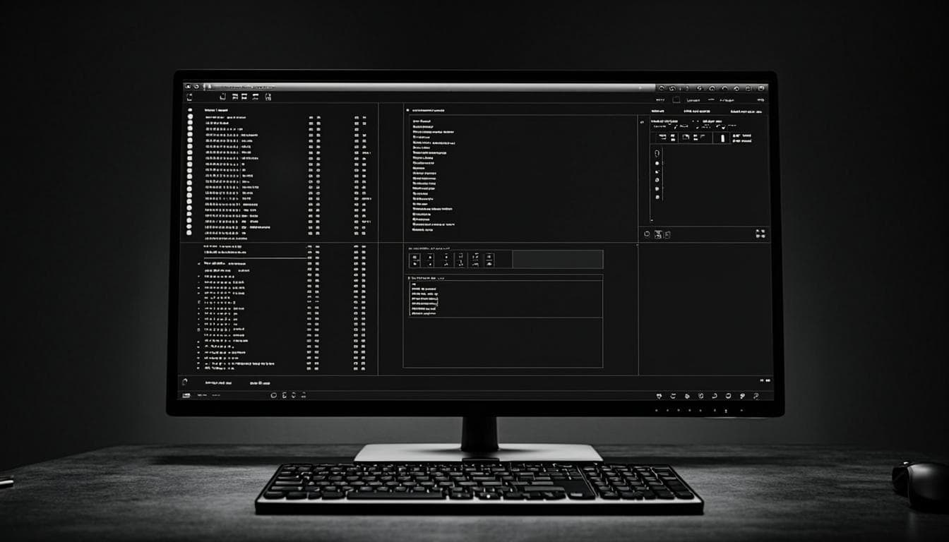 Karya bertema — monitor yang menjalankan grid tiling jendela terminal dengan status bar, visual khas untuk Hyprland Rice